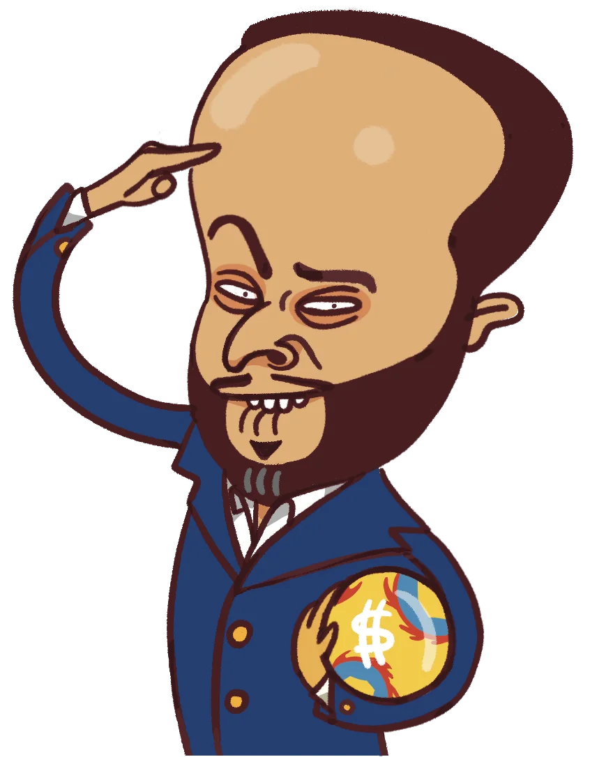 Ilustración de Abelardo de la Espriella haciendo un saludo militar con una mano, mientras sostiene una moneda de oro con el símbolo de dólar en la otra.